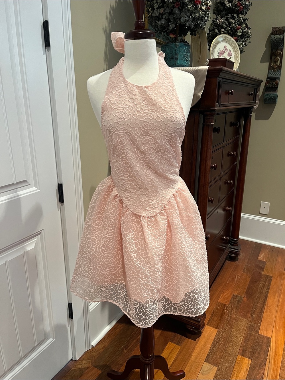 Light Pink Lace Halter H&M Dress With Floral Overlay